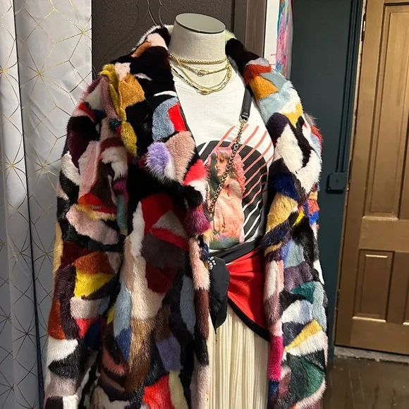 Colorful Patchwork Mink Real Fur Coat - Picture 3 of 9